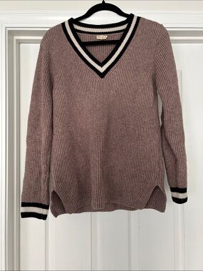 Hem & Thread Dusty Mauve Ribbed V-Neck Sweater with Black and Cream Stripes